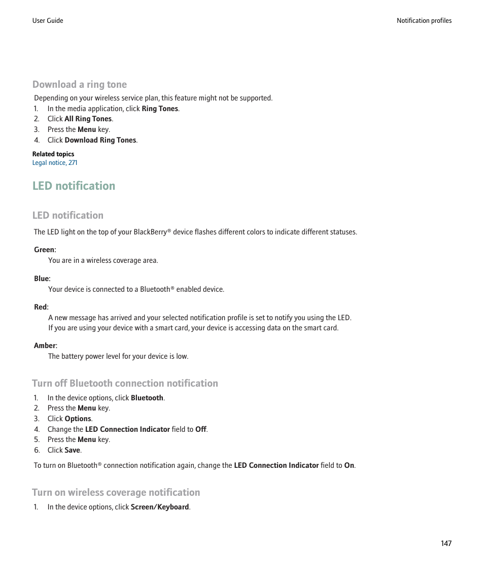 Led notification, Turn on wireless coverage notification, Download a ring tone | Turn off bluetooth connection notification | Blackberry 9000 User Manual | Page 149 / 275