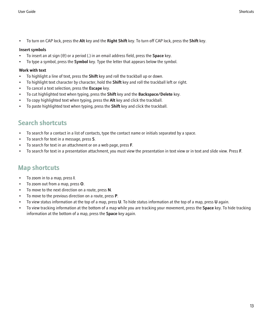 Search shortcuts, Map shortcuts | Blackberry 9000 User Manual | Page 15 / 275
