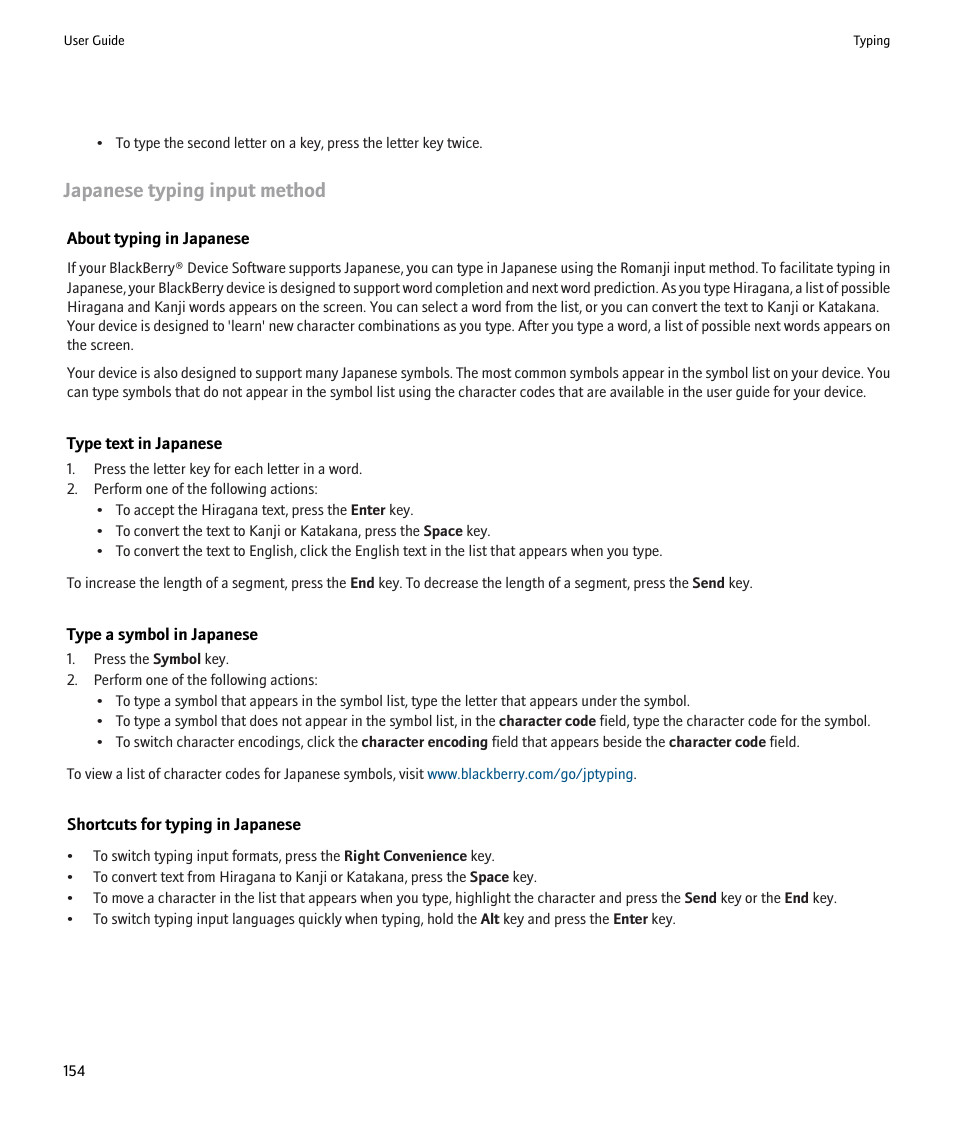 Japanese typing input method | Blackberry 9000 User Manual | Page 156 / 275