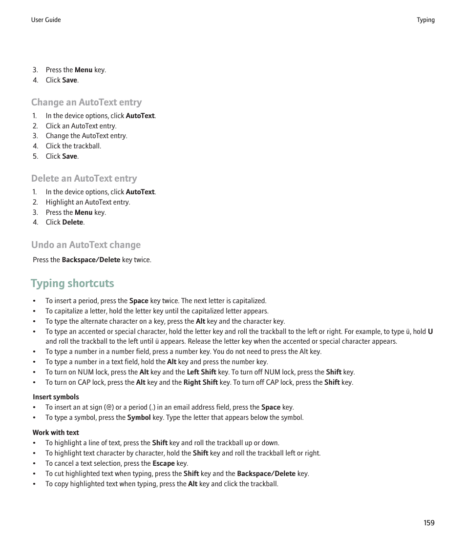 Typing shortcuts, Change an autotext entry, Delete an autotext entry | Undo an autotext change | Blackberry 9000 User Manual | Page 161 / 275
