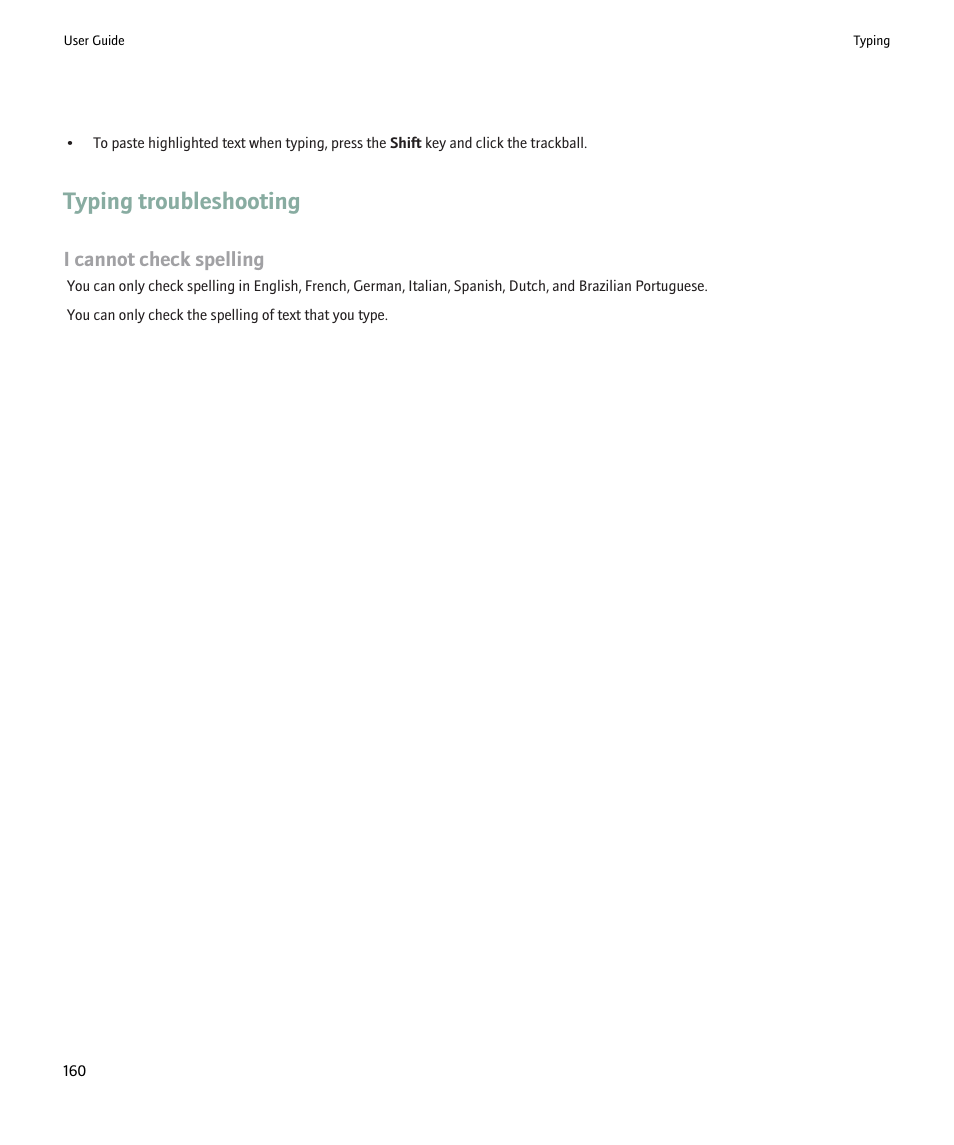 Typing troubleshooting, I cannot check spelling | Blackberry 9000 User Manual | Page 162 / 275