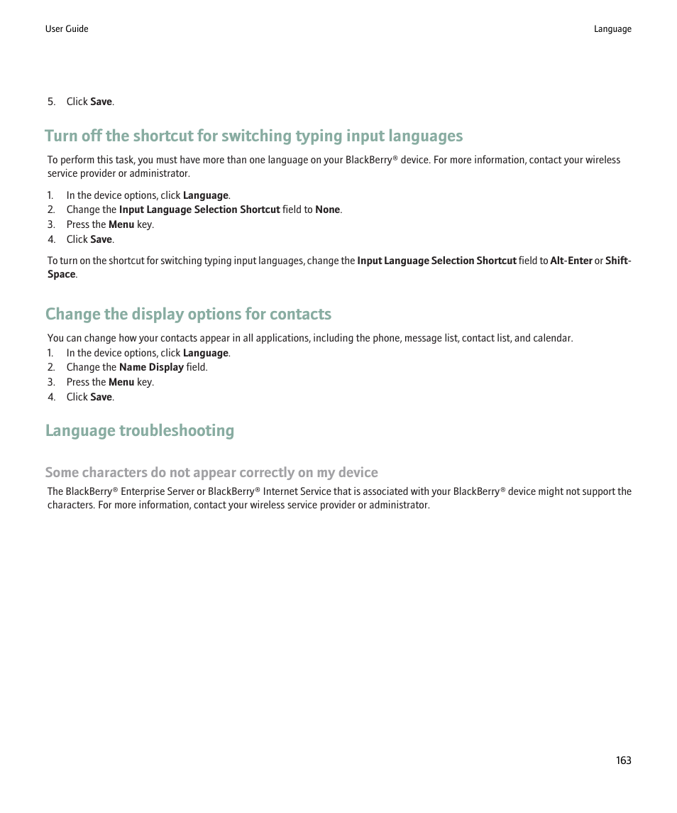 Change the display options for contacts, Language troubleshooting | Blackberry 9000 User Manual | Page 165 / 275