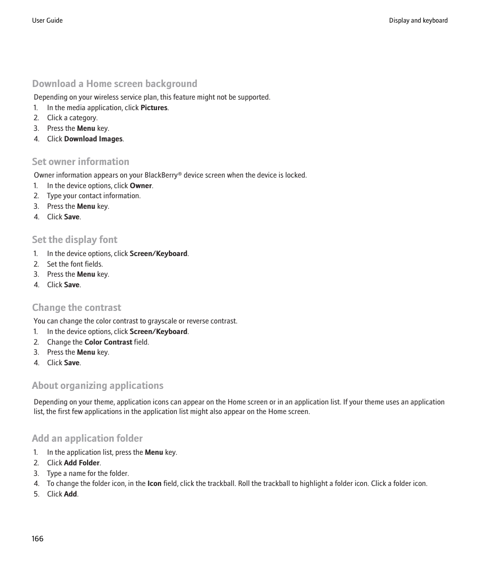 Download a home screen background, Set owner information, Set the display font | Change the contrast, About organizing applications, Add an application folder | Blackberry 9000 User Manual | Page 168 / 275