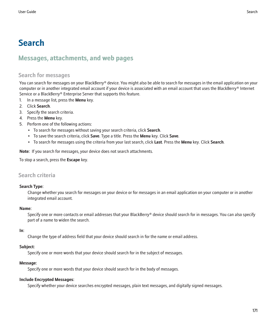 Search, Messages, attachments, and web pages, Search for messages | Search criteria | Blackberry 9000 User Manual | Page 173 / 275