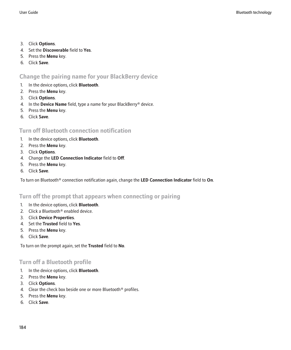 Change the pairing name for your blackberry device, Turn off bluetooth connection notification, Turn off a bluetooth profile | Blackberry 9000 User Manual | Page 186 / 275