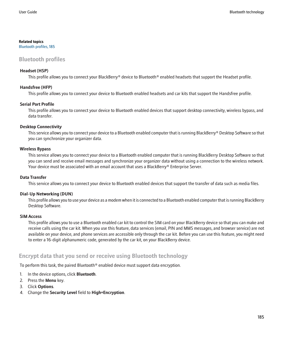 Bluetooth profiles | Blackberry 9000 User Manual | Page 187 / 275