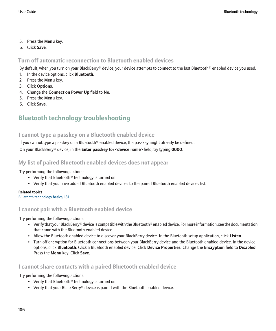 Bluetooth technology troubleshooting, I cannot pair with a bluetooth enabled device | Blackberry 9000 User Manual | Page 188 / 275
