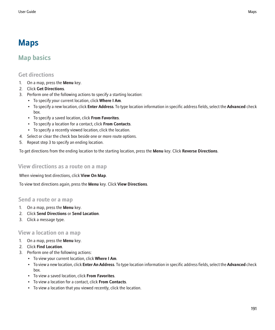 Maps, Map basics, Get directions | View directions as a route on a map, Send a route or a map, View a location on a map | Blackberry 9000 User Manual | Page 193 / 275