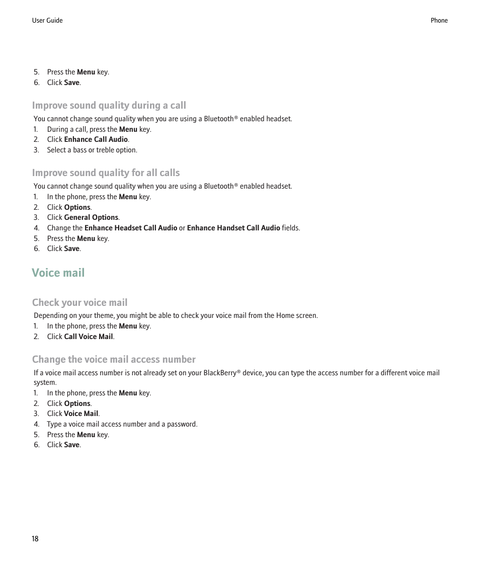 Voice mail, Improve sound quality during a call, Improve sound quality for all calls | Check your voice mail, Change the voice mail access number | Blackberry 9000 User Manual | Page 20 / 275