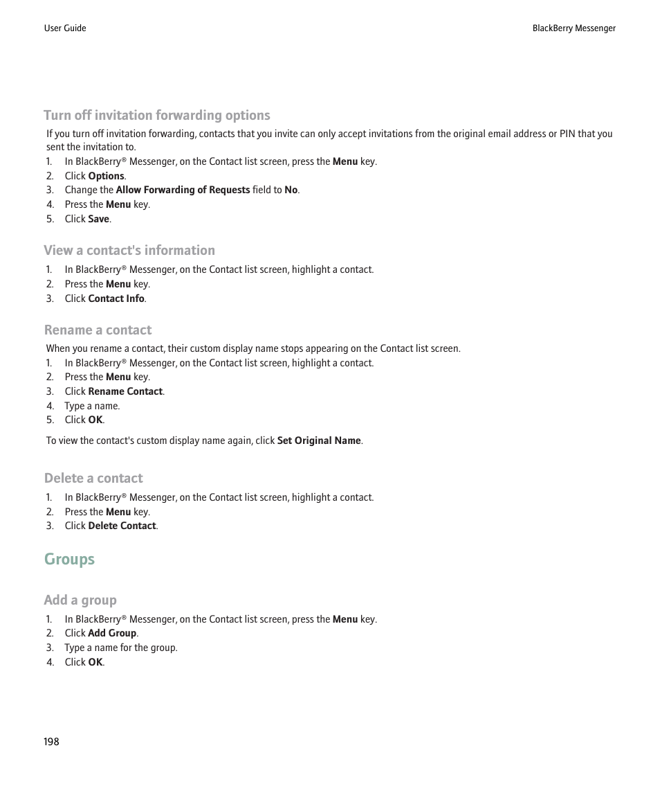 Groups, Turn off invitation forwarding options, View a contact's information | Rename a contact, Delete a contact, Add a group | Blackberry 9000 User Manual | Page 200 / 275