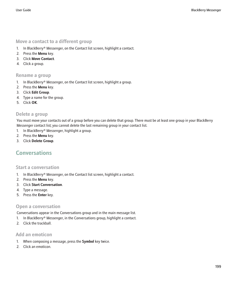 Conversations, Move a contact to a different group, Rename a group | Delete a group, Start a conversation, Open a conversation, Add an emoticon | Blackberry 9000 User Manual | Page 201 / 275