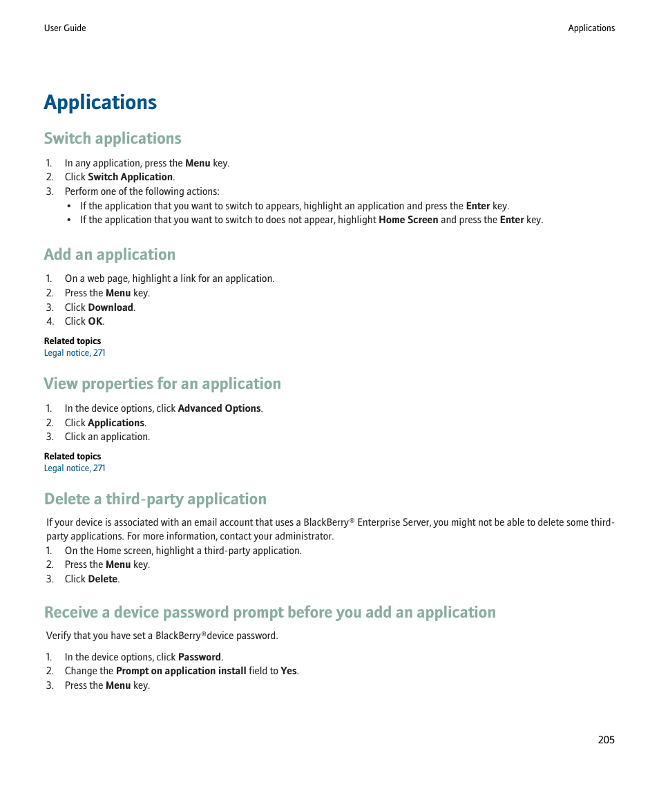 Applications, Switch applications, Add an application | View properties for an application, Delete a third-party application | Blackberry 9000 User Manual | Page 207 / 275