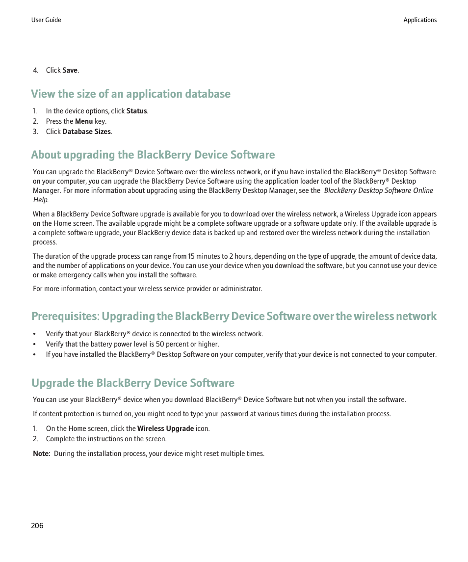 View the size of an application database, About upgrading the blackberry device software, Upgrade the blackberry device software | Blackberry 9000 User Manual | Page 208 / 275