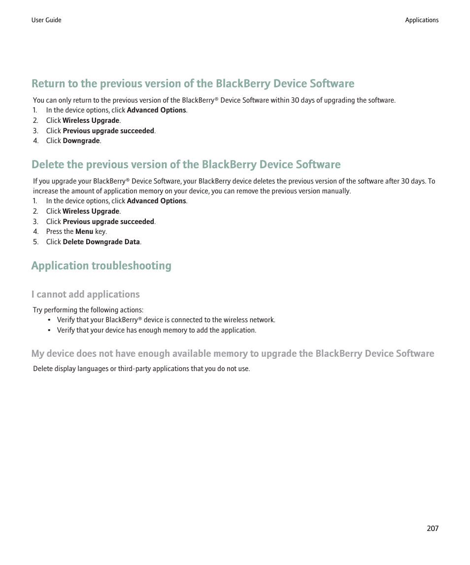 Application troubleshooting, I cannot add applications | Blackberry 9000 User Manual | Page 209 / 275