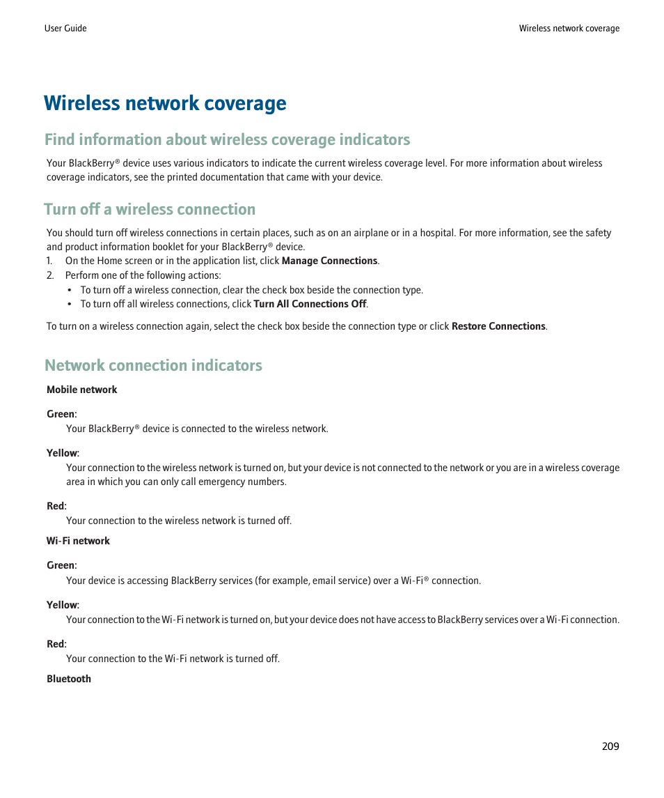 Wireless network coverage, Turn off a wireless connection, Network connection indicators | Blackberry 9000 User Manual | Page 211 / 275