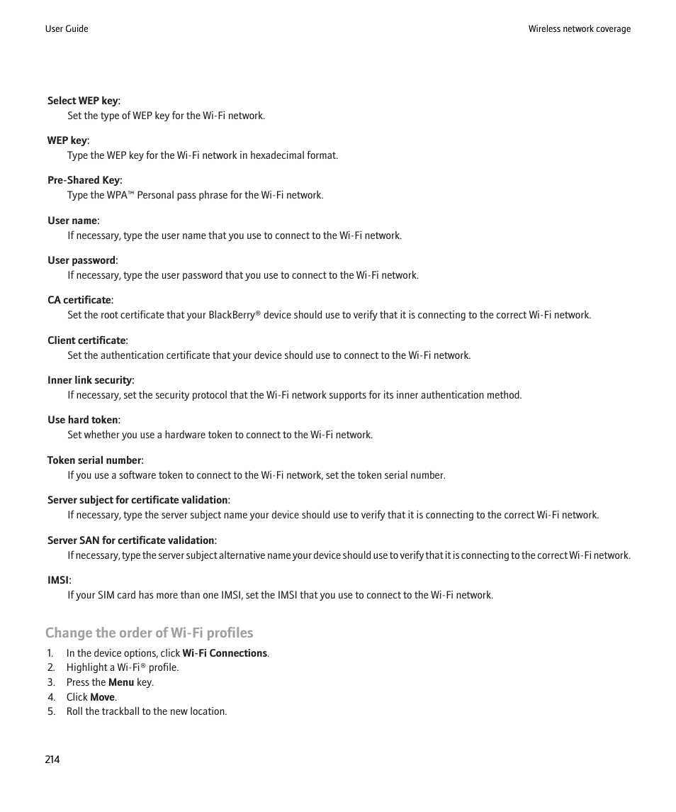 Change the order of wi-fi profiles | Blackberry 9000 User Manual | Page 216 / 275