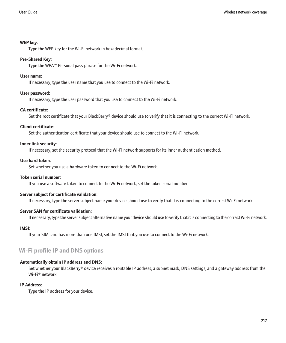 Wi-fi profile ip and dns options | Blackberry 9000 User Manual | Page 219 / 275
