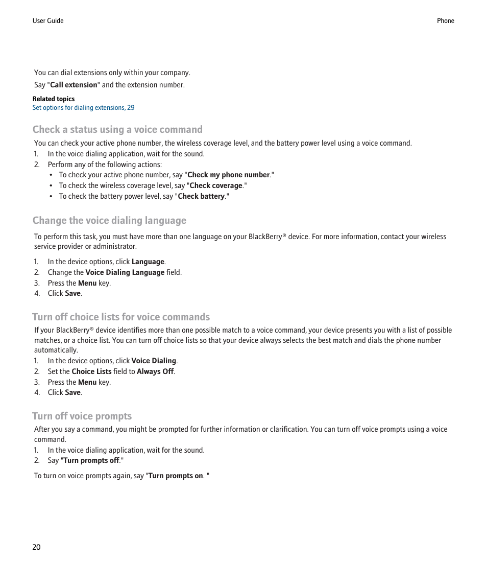 Change the voice dialing language, Check a status using a voice command, Turn off choice lists for voice commands | Turn off voice prompts | Blackberry 9000 User Manual | Page 22 / 275