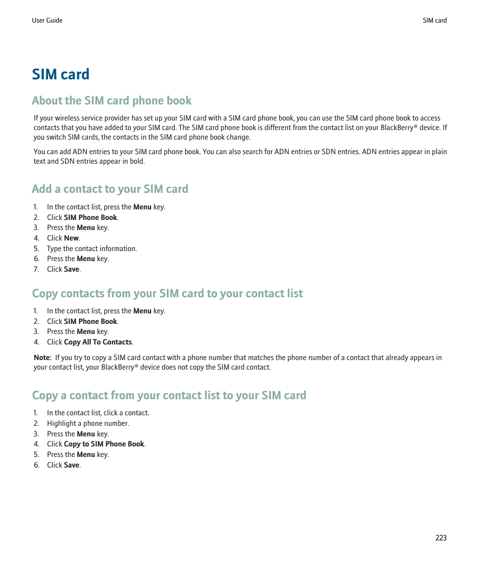 Sim card, About the sim card phone book, Add a contact to your sim card | Blackberry 9000 User Manual | Page 225 / 275