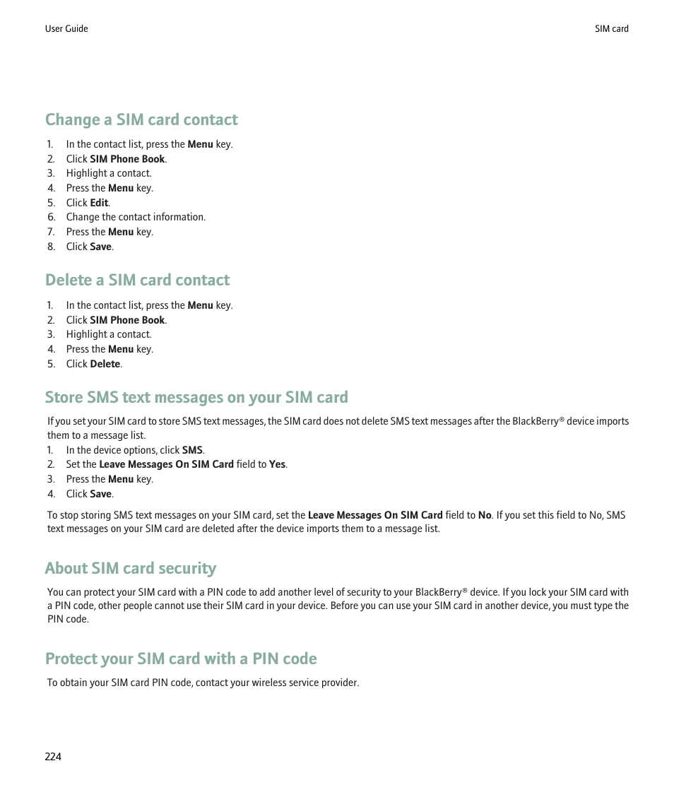 Change a sim card contact, Delete a sim card contact, Store sms text messages on your sim card | About sim card security, Protect your sim card with a pin code | Blackberry 9000 User Manual | Page 226 / 275