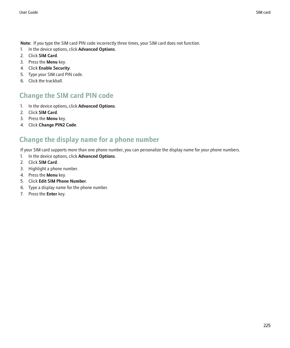 Change the sim card pin code, Change the display name for a phone number | Blackberry 9000 User Manual | Page 227 / 275