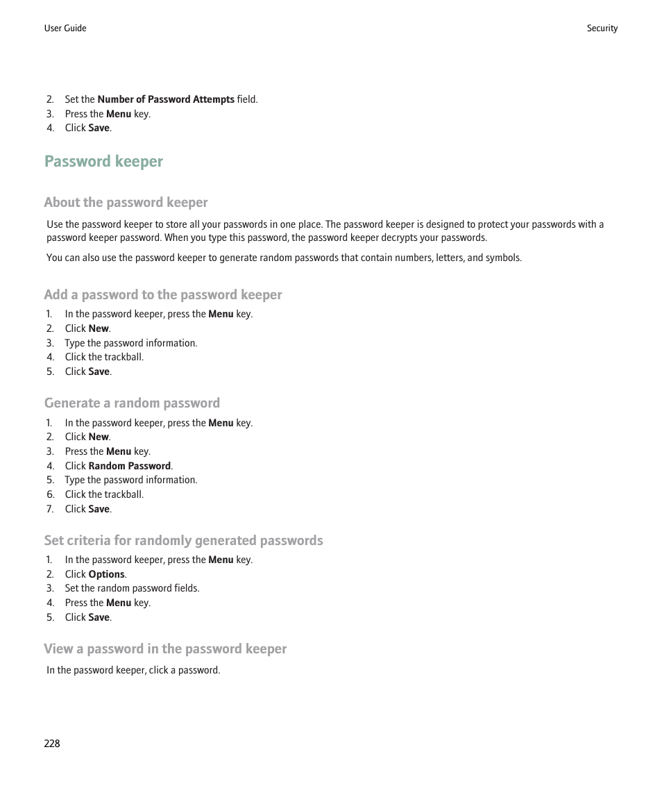 Password keeper, About the password keeper, Add a password to the password keeper | Generate a random password, Set criteria for randomly generated passwords, View a password in the password keeper | Blackberry 9000 User Manual | Page 230 / 275
