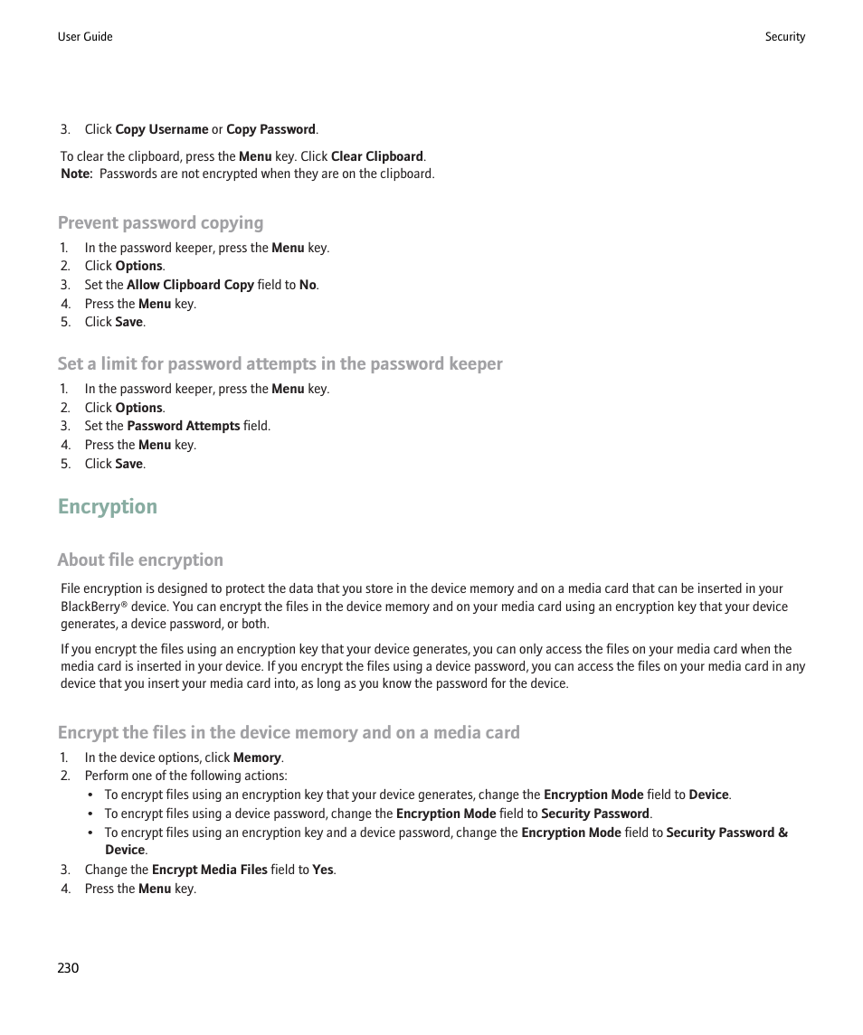 Encryption, Prevent password copying, About file encryption | Blackberry 9000 User Manual | Page 232 / 275