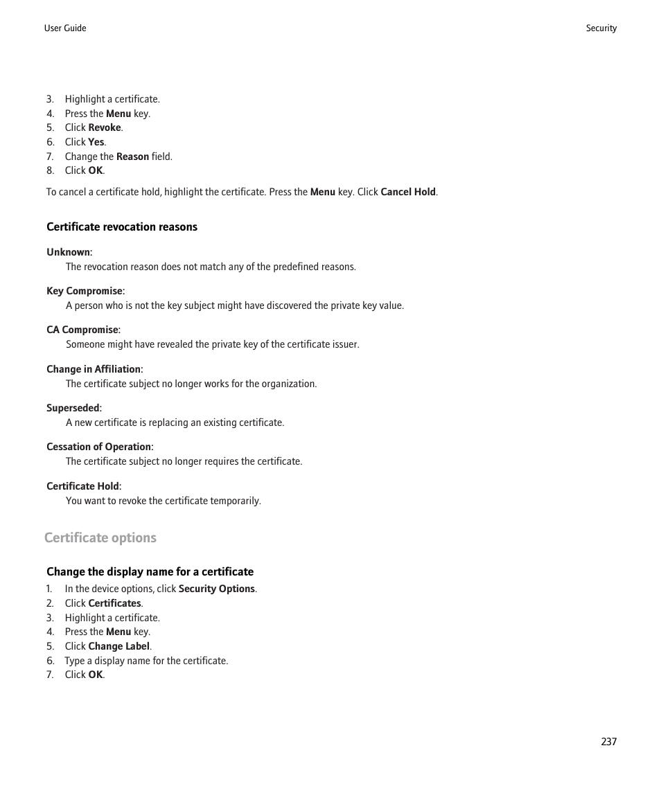 Certificate options | Blackberry 9000 User Manual | Page 239 / 275