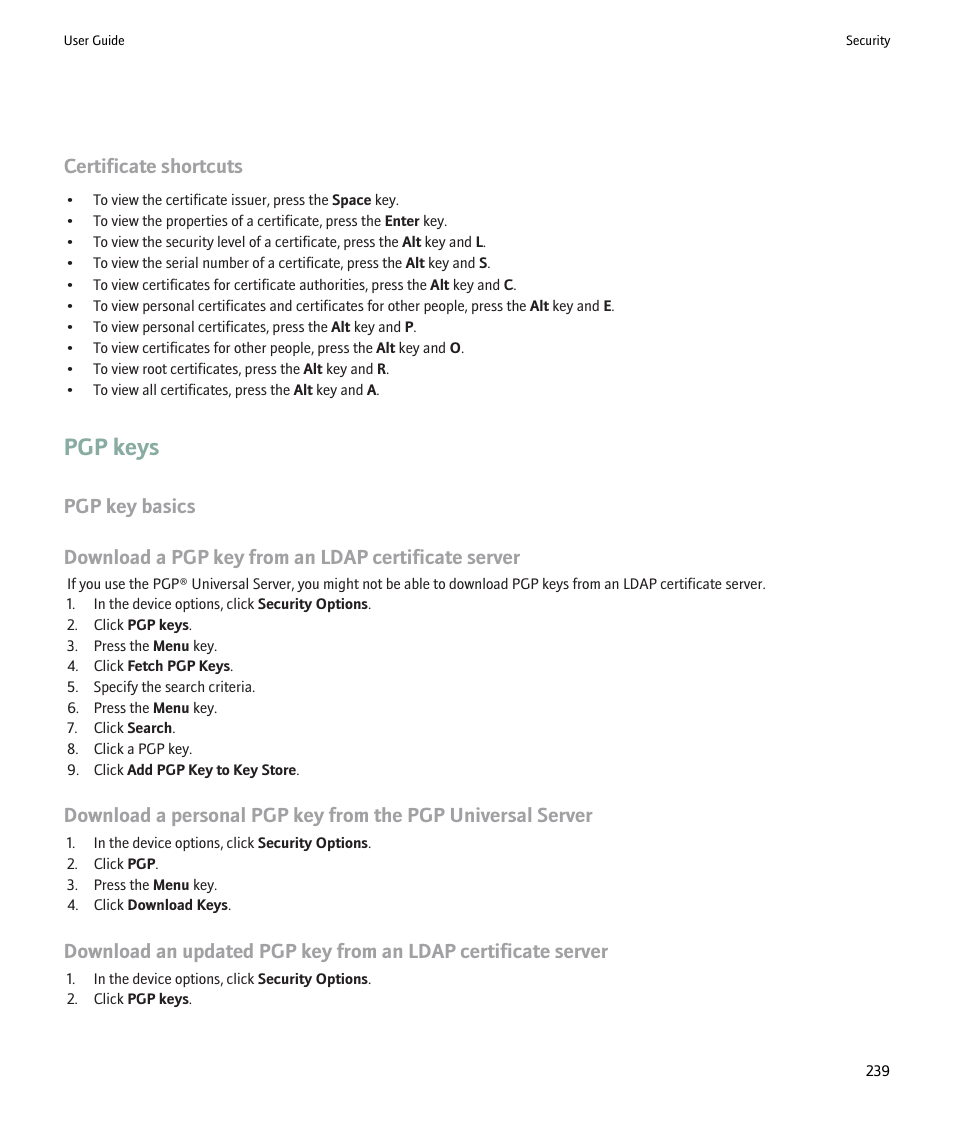 Pgp keys, Certificate shortcuts | Blackberry 9000 User Manual | Page 241 / 275