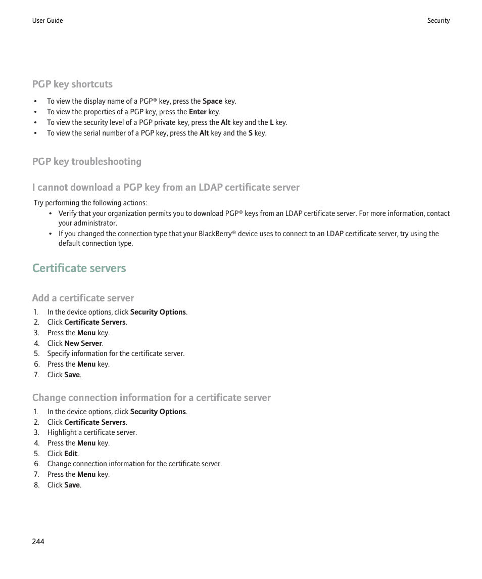 Certificate servers, Pgp key shortcuts, Add a certificate server | Blackberry 9000 User Manual | Page 246 / 275