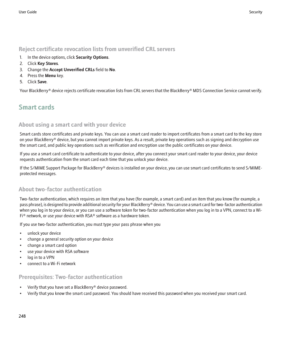 Smart cards, About using a smart card with your device, About two-factor authentication | Prerequisites: two-factor authentication | Blackberry 9000 User Manual | Page 250 / 275