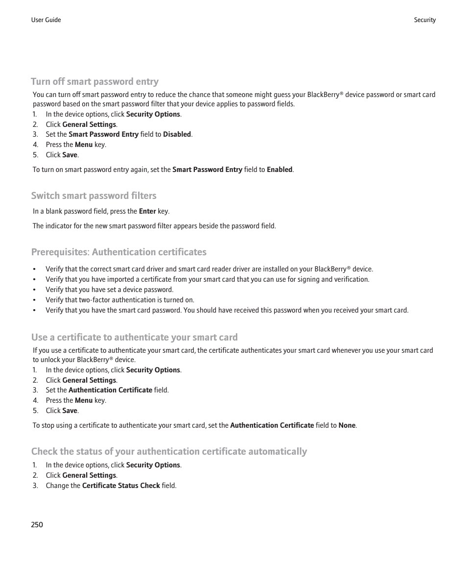 Turn off smart password entry, Switch smart password filters, Prerequisites: authentication certificates | Use a certificate to authenticate your smart card | Blackberry 9000 User Manual | Page 252 / 275