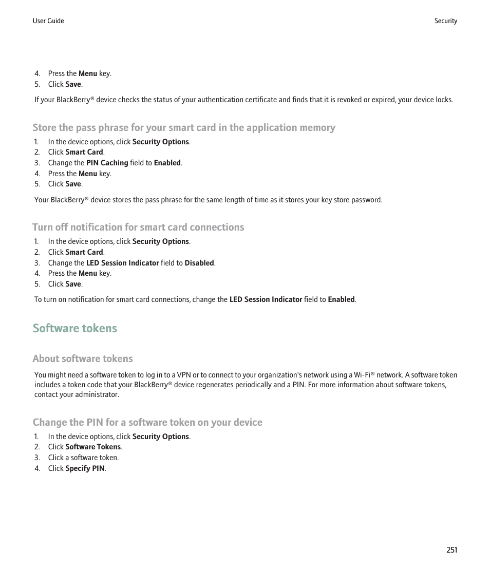 Software tokens, Turn off notification for smart card connections, About software tokens | Change the pin for a software token on your device | Blackberry 9000 User Manual | Page 253 / 275