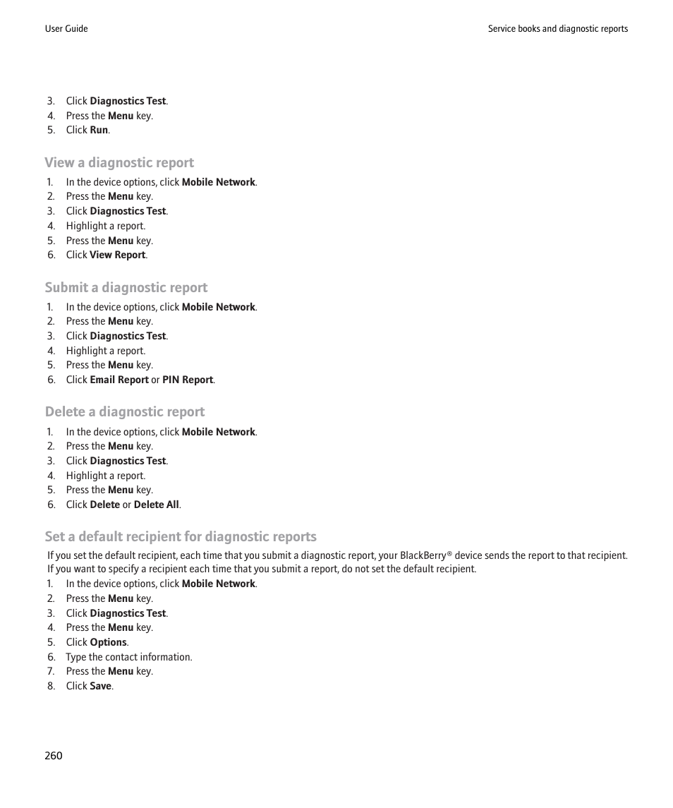 View a diagnostic report, Submit a diagnostic report, Delete a diagnostic report | Set a default recipient for diagnostic reports | Blackberry 9000 User Manual | Page 262 / 275