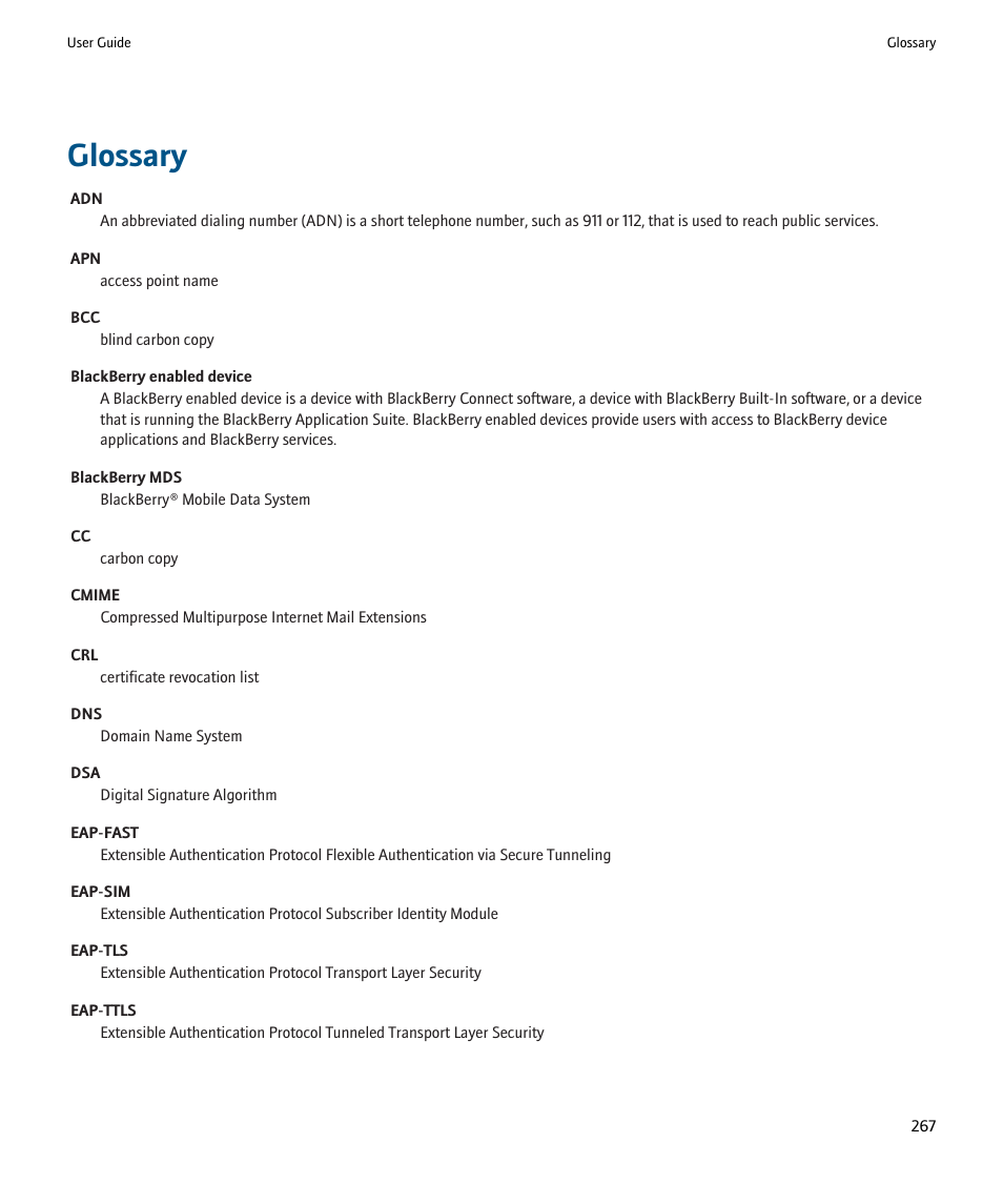Glossary | Blackberry 9000 User Manual | Page 269 / 275
