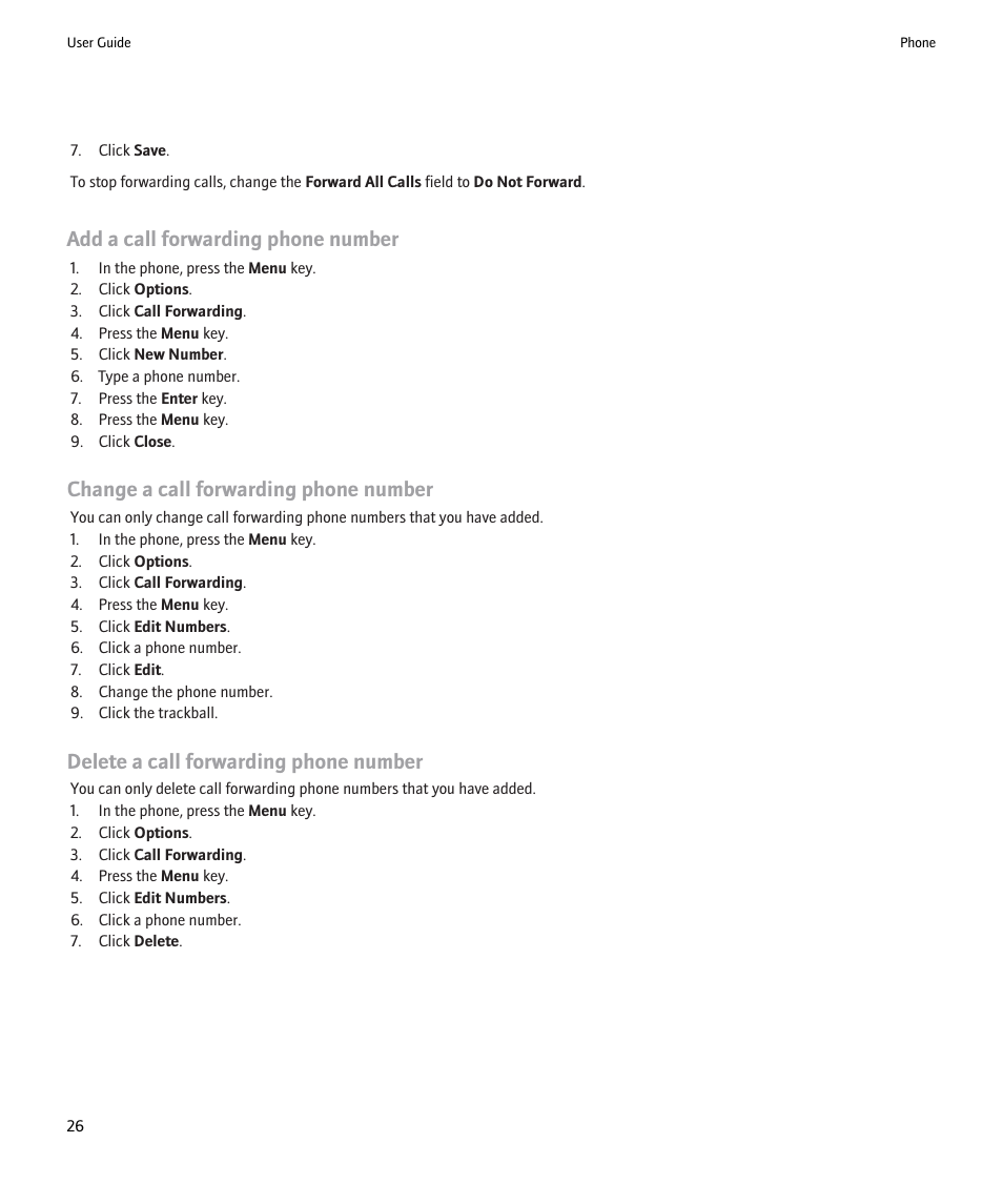 Add a call forwarding phone number, Change a call forwarding phone number, Delete a call forwarding phone number | Blackberry 9000 User Manual | Page 28 / 275