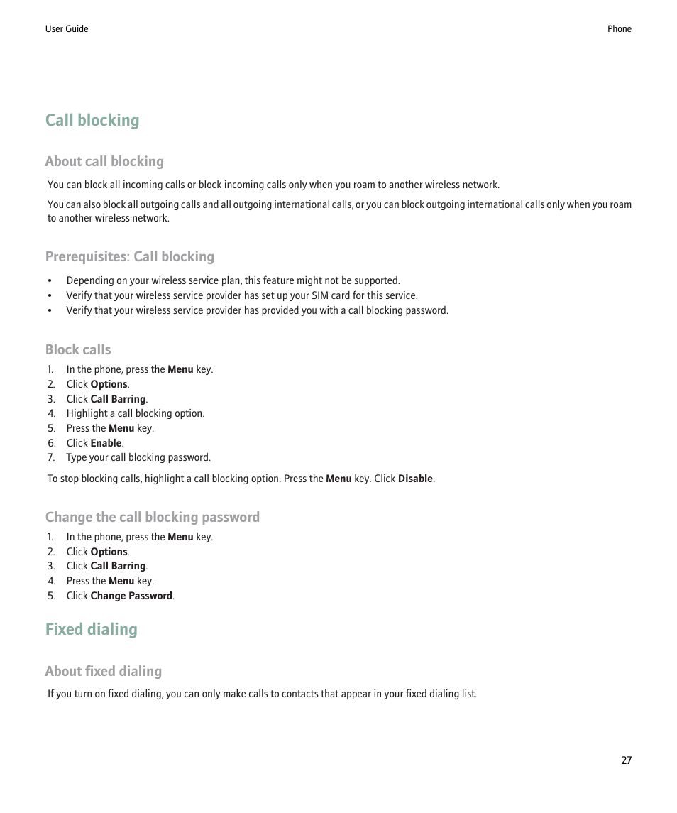 Call blocking, Fixed dialing, About call blocking | Prerequisites: call blocking, Block calls, Change the call blocking password, About fixed dialing | Blackberry 9000 User Manual | Page 29 / 275