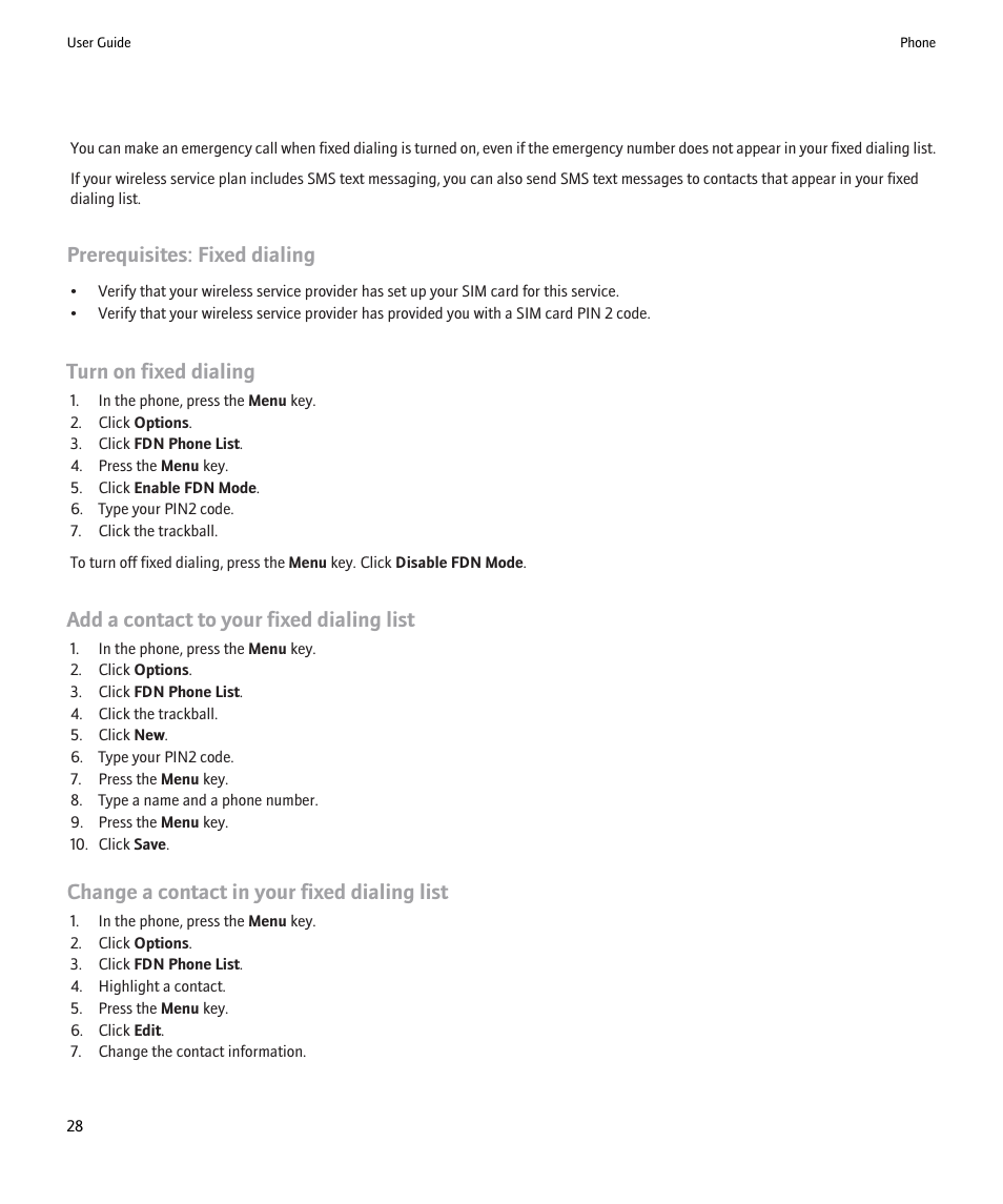 Prerequisites: fixed dialing, Turn on fixed dialing, Add a contact to your fixed dialing list | Change a contact in your fixed dialing list | Blackberry 9000 User Manual | Page 30 / 275