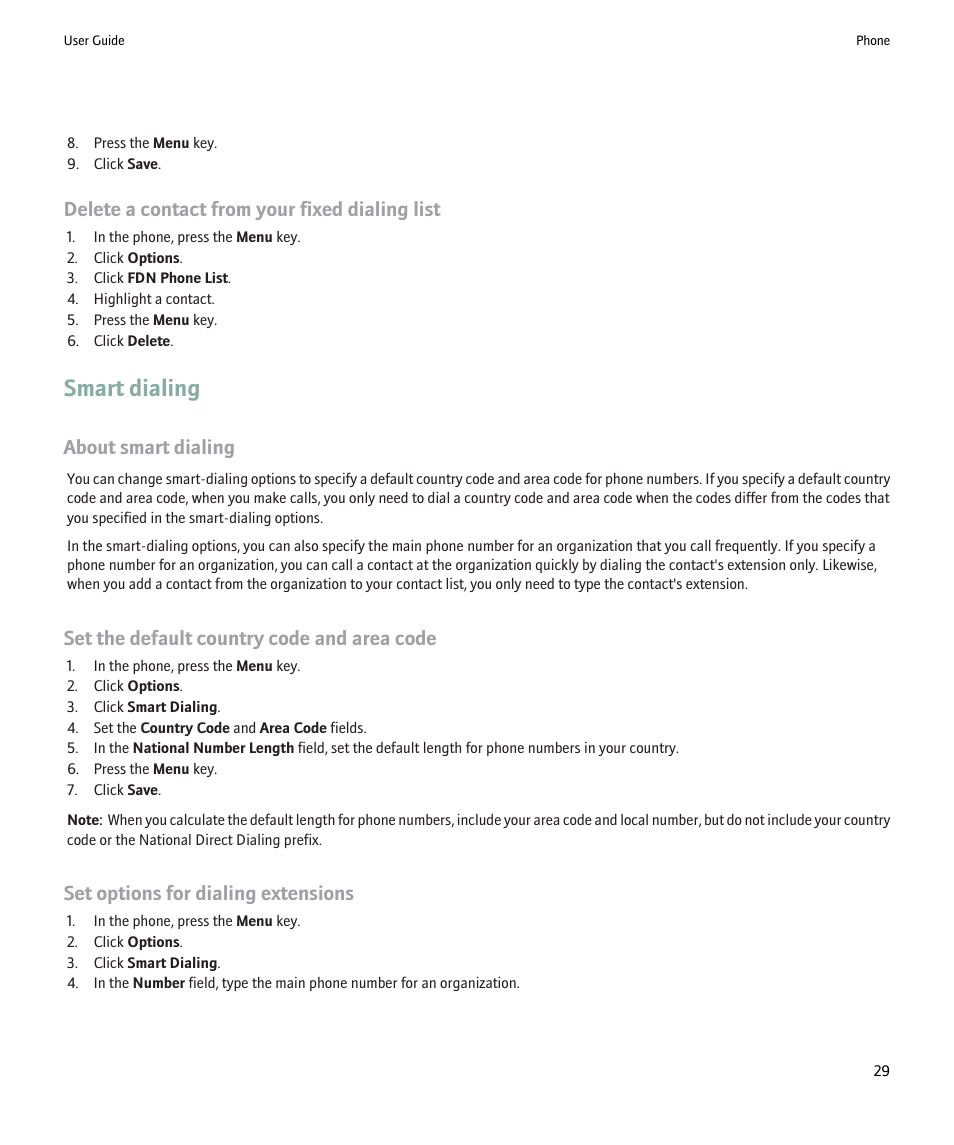 Smart dialing, Delete a contact from your fixed dialing list, About smart dialing | Set the default country code and area code, Set options for dialing extensions | Blackberry 9000 User Manual | Page 31 / 275