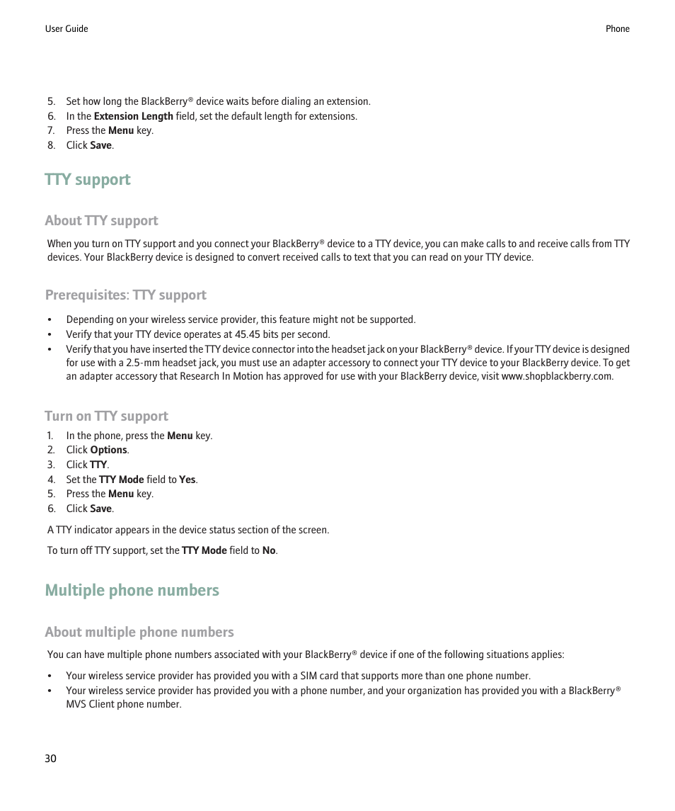 Tty support, Multiple phone numbers, About tty support | Prerequisites: tty support, Turn on tty support, About multiple phone numbers | Blackberry 9000 User Manual | Page 32 / 275