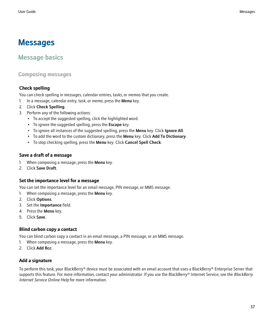 Messages, Message basics, Composing messages | Blackberry 9000 User Manual | Page 39 / 275