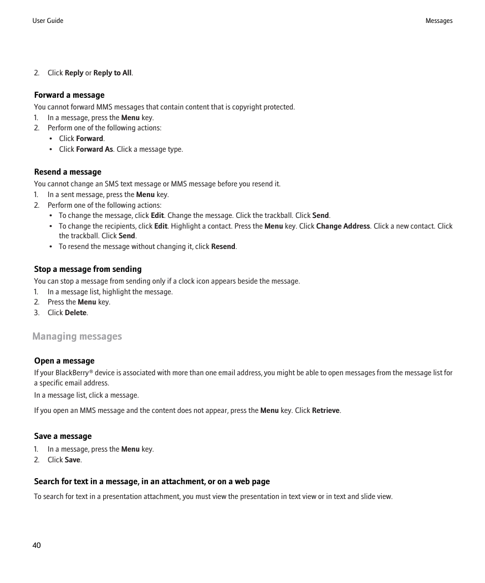 Managing messages | Blackberry 9000 User Manual | Page 42 / 275