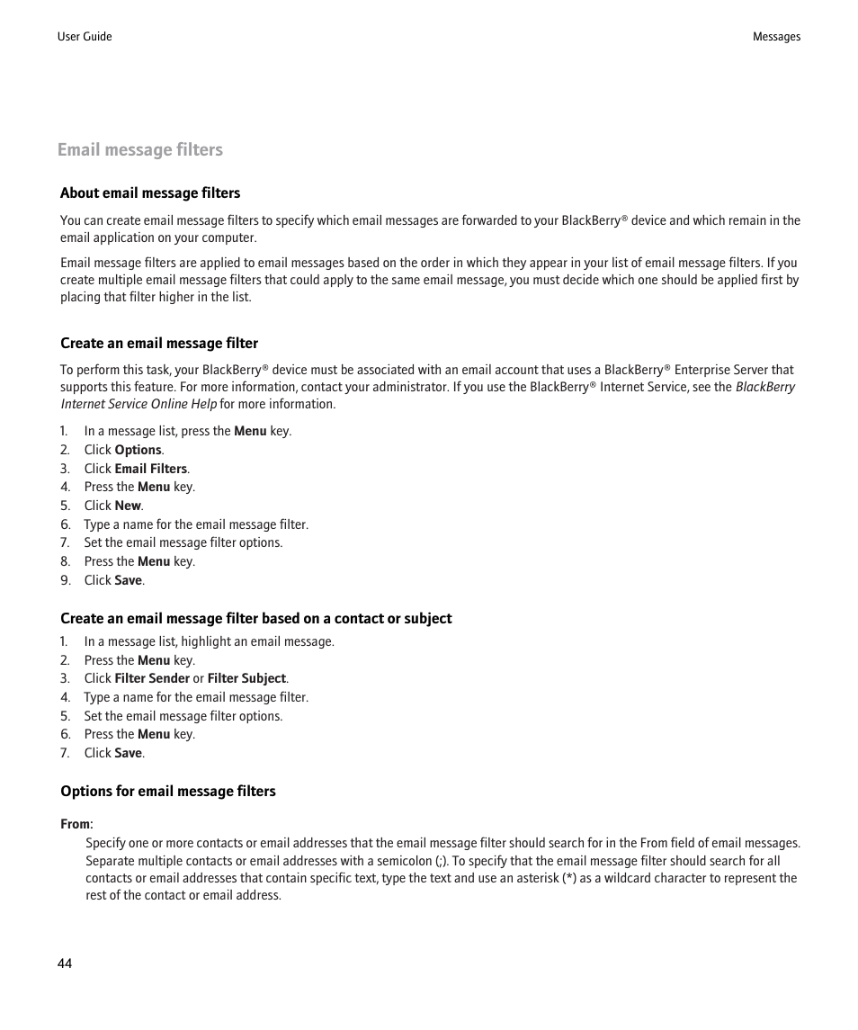 Email message filters | Blackberry 9000 User Manual | Page 46 / 275
