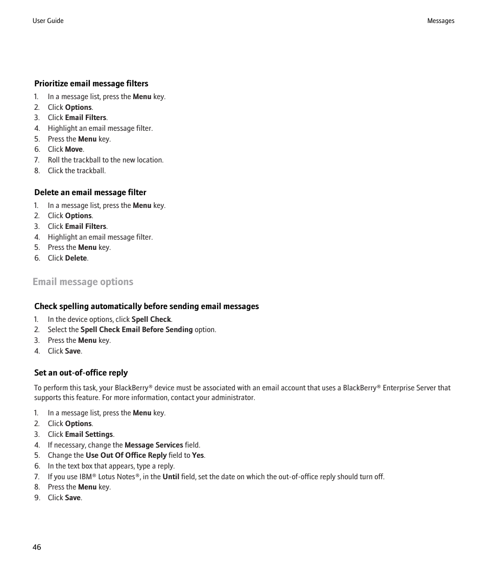 Email message options | Blackberry 9000 User Manual | Page 48 / 275
