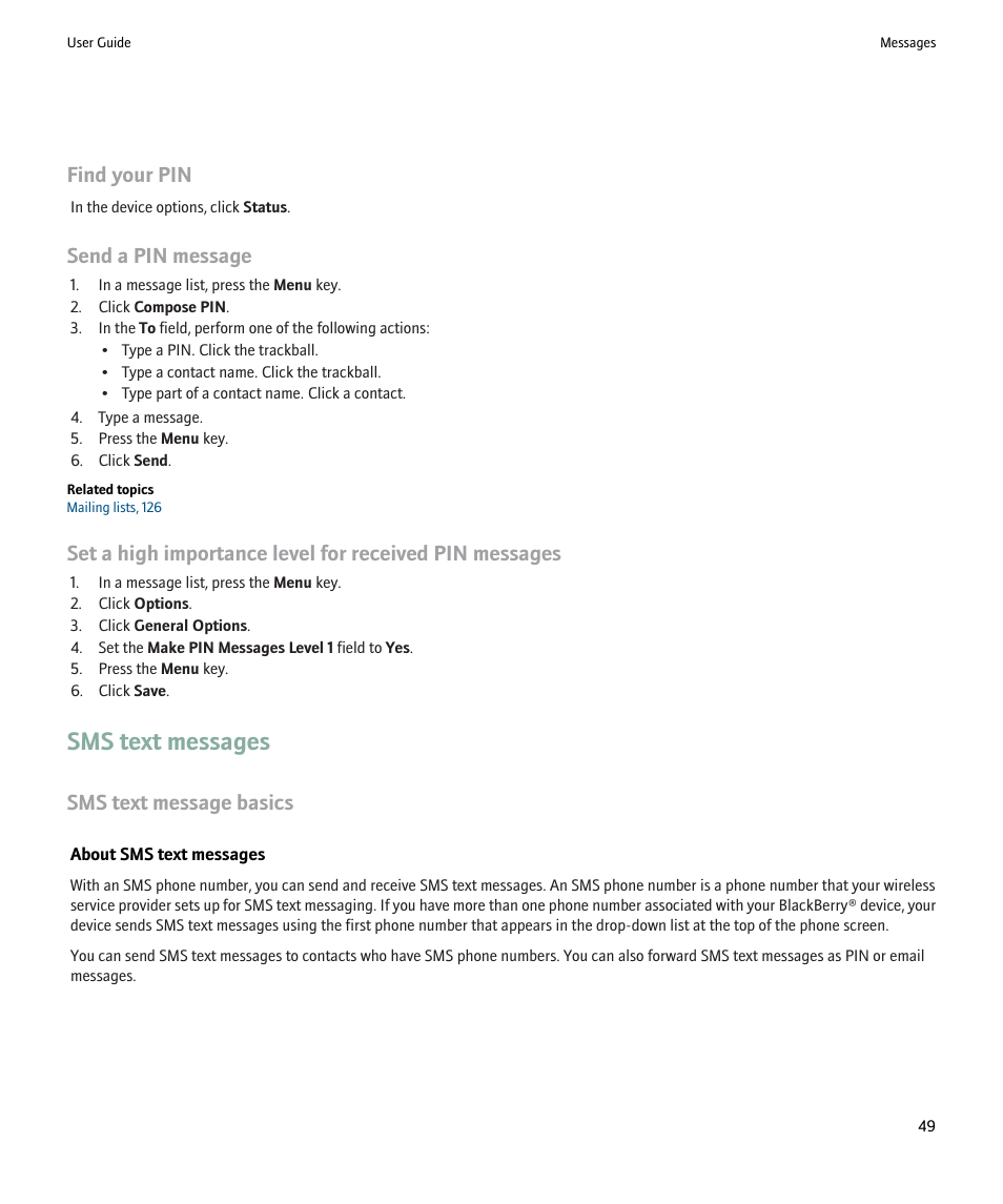 Sms text messages, Find your pin, Send a pin message | Sms text message basics | Blackberry 9000 User Manual | Page 51 / 275