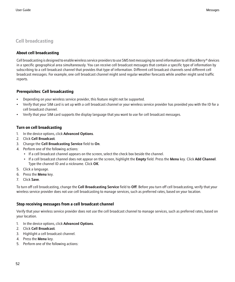 Cell broadcasting | Blackberry 9000 User Manual | Page 54 / 275