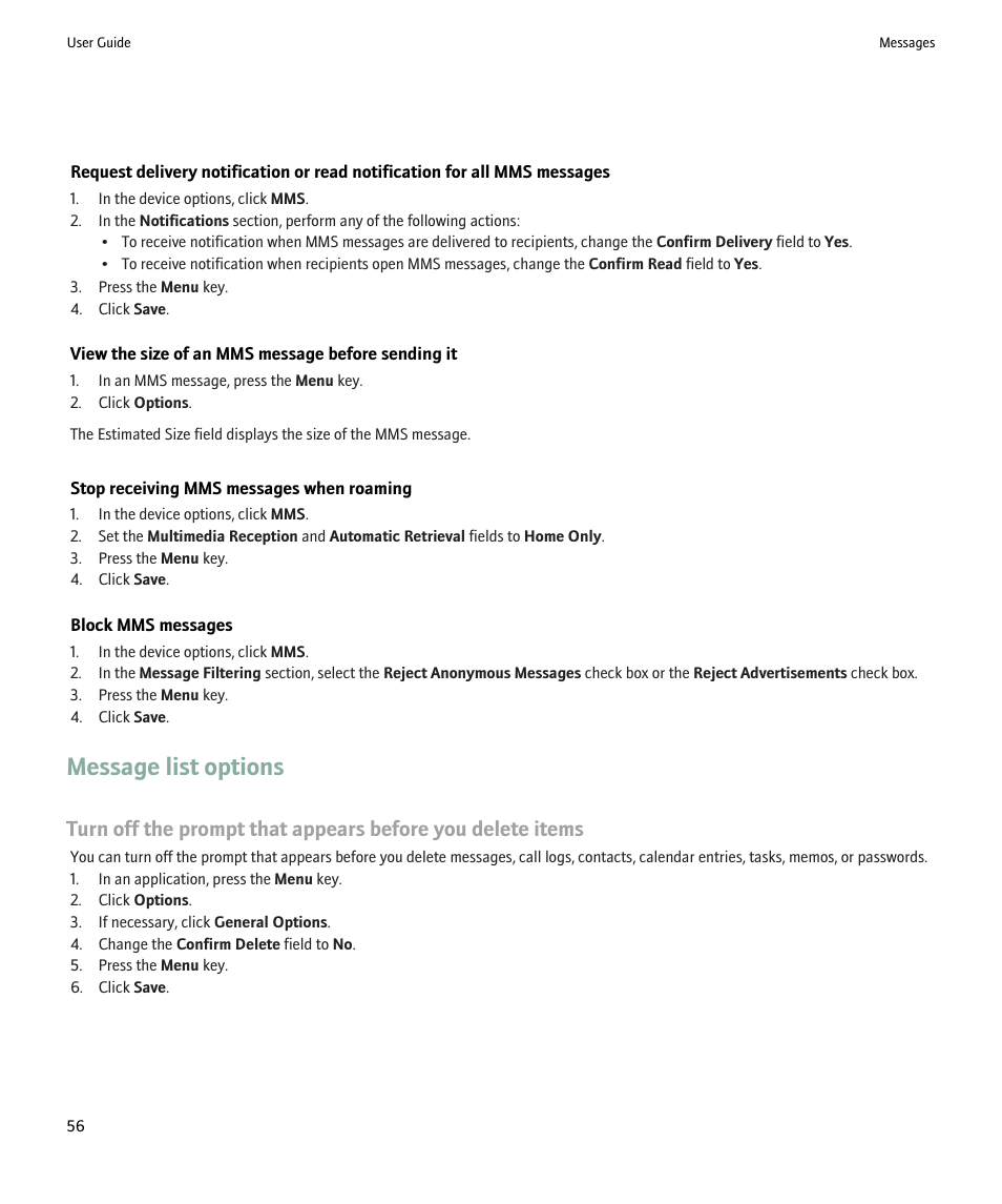 Message list options | Blackberry 9000 User Manual | Page 58 / 275