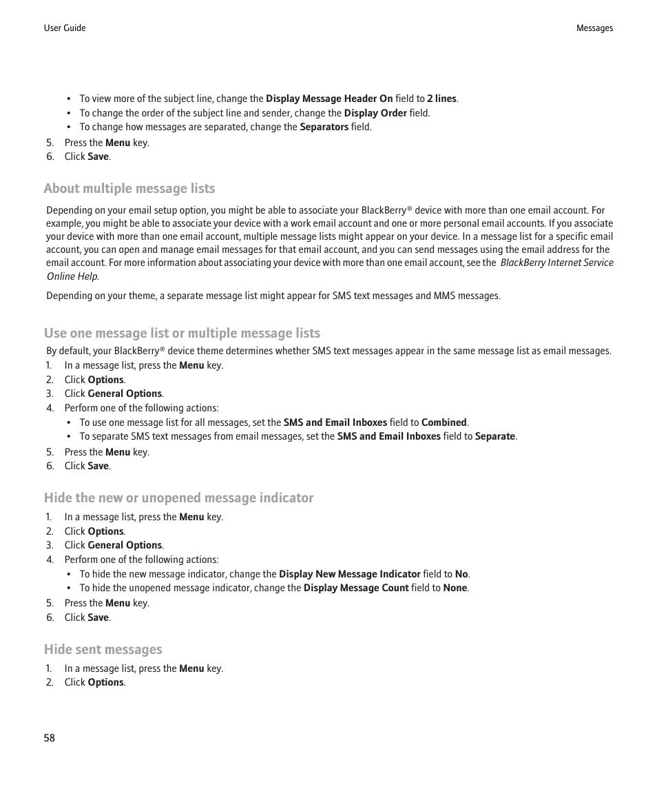 About multiple message lists, Use one message list or multiple message lists, Hide the new or unopened message indicator | Hide sent messages | Blackberry 9000 User Manual | Page 60 / 275