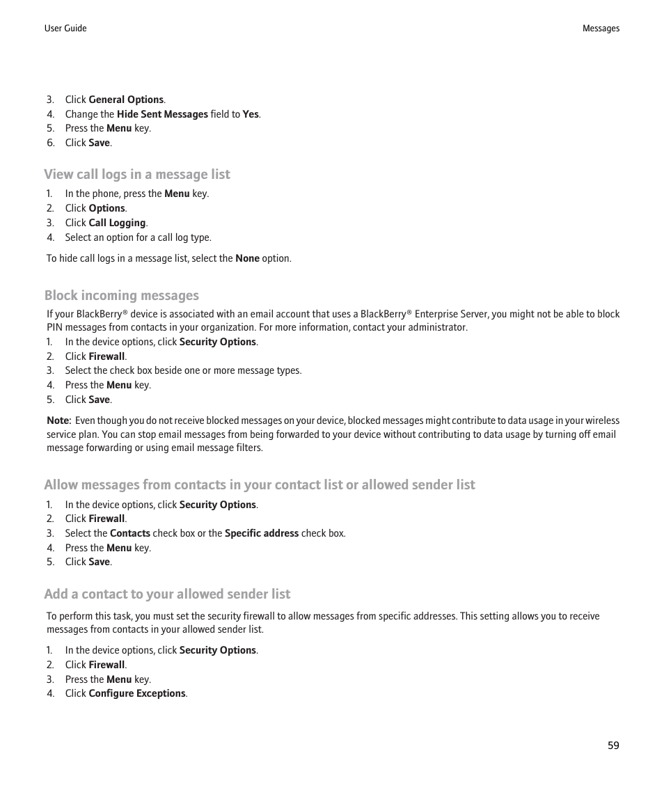 View call logs in a message list, Block incoming messages, Add a contact to your allowed sender list | Blackberry 9000 User Manual | Page 61 / 275