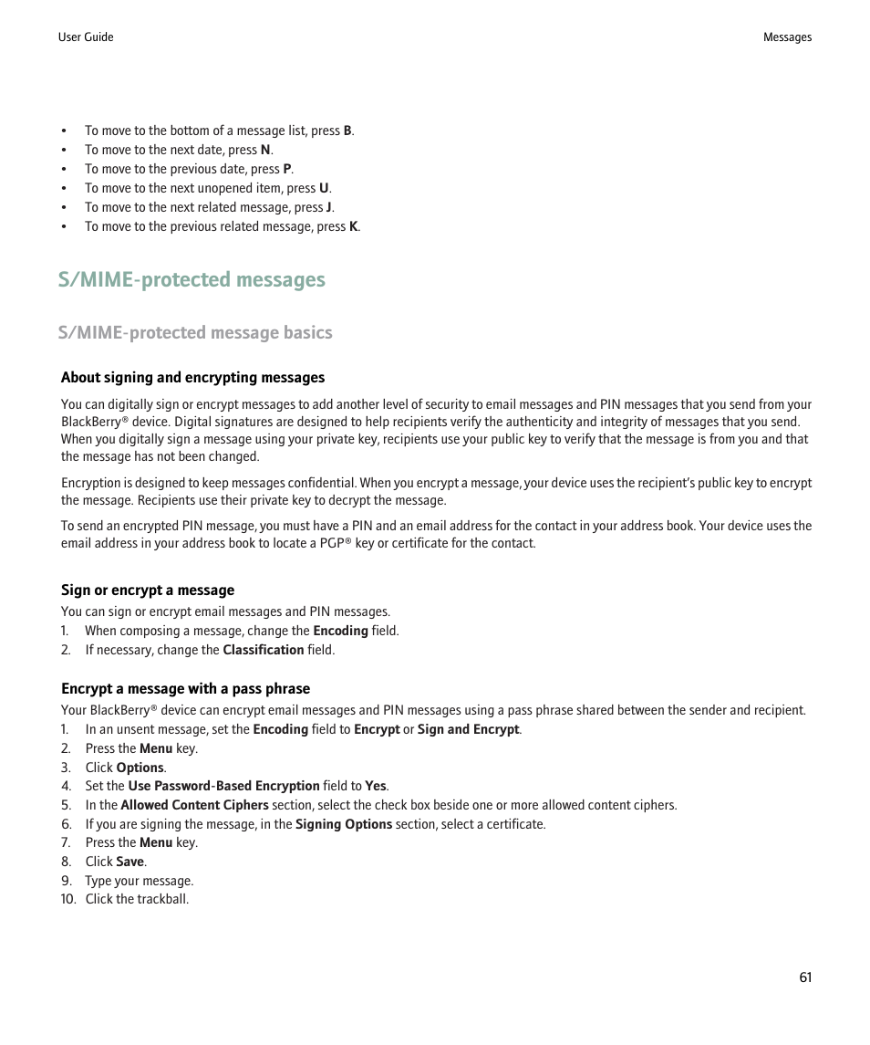 S/mime-protected messages, S/mime-protected message basics | Blackberry 9000 User Manual | Page 63 / 275